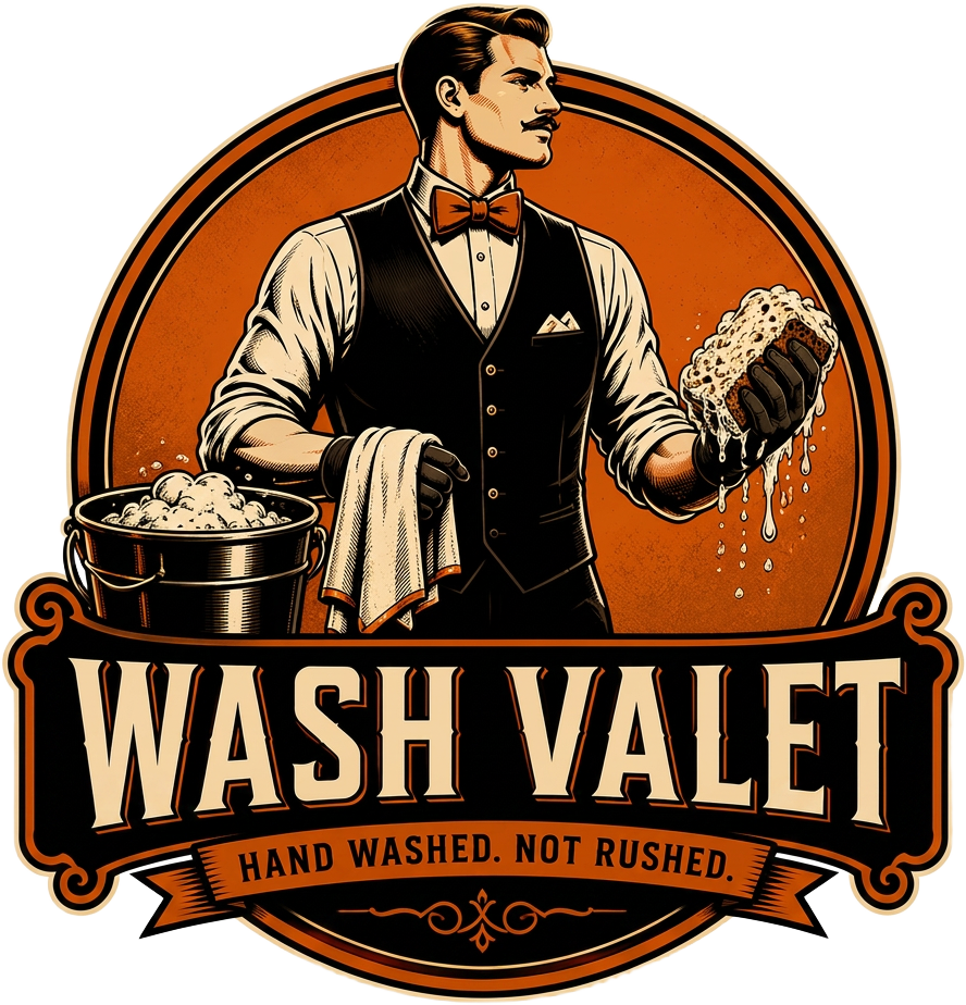 Wash Valet badge — a vintage-style valet in a vest and bow-tie holding a wash cloth